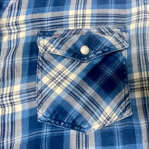 American Eagle Womens Blue Plaid Boyfriend Fit Snap Button Shirt Size L - Picture 5 of 15